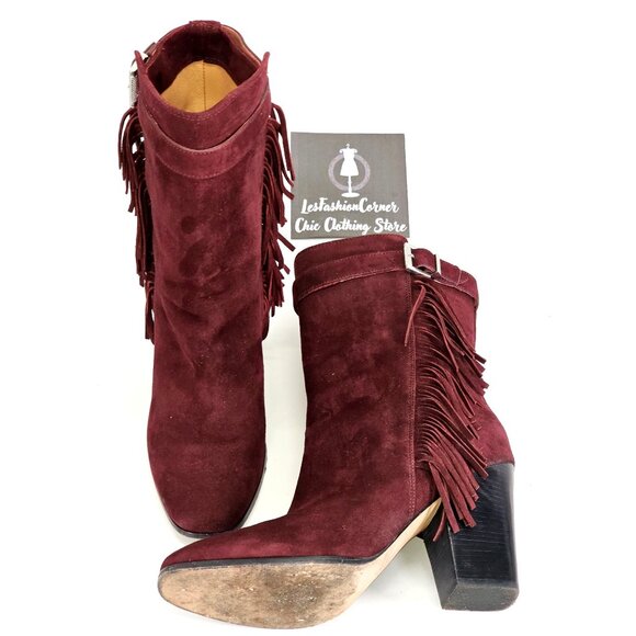 Sigerson Morrison Women's Burgundy Suede Mallie Fringe Dress Boots Size 9 1646 - Picture 5 of 10